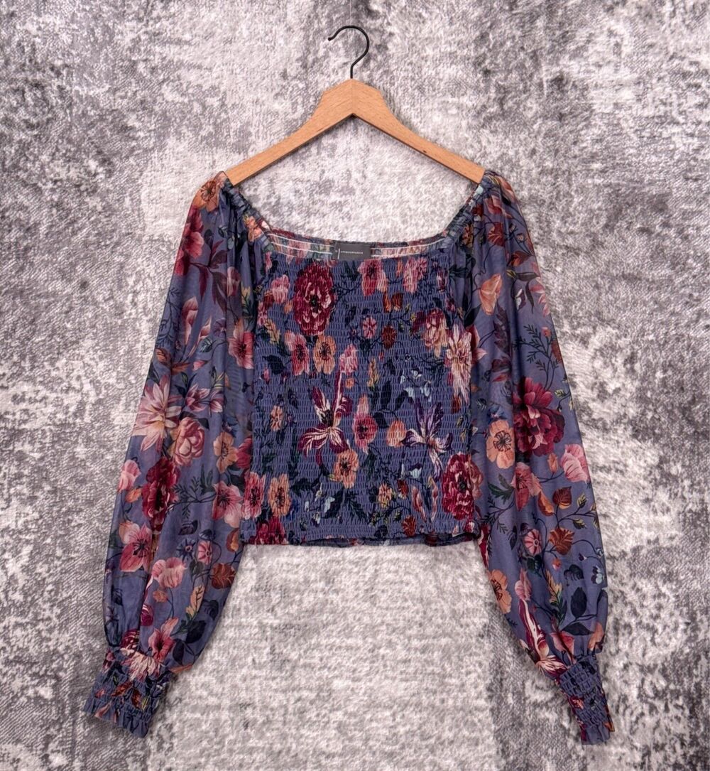 Anthropologie Blouse XS Womens Blue Floral Smocked Mesh Top